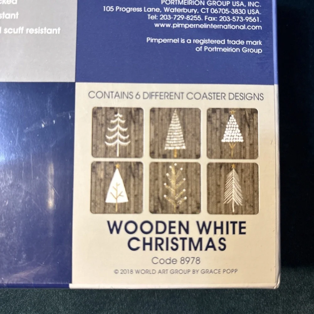 Pimpernel Coasters WOODEN WHITE CHRISTMAS Set OF 6 Cork-backed Board NIB